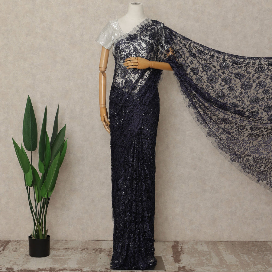 Navy Blue French Chantilly Lace Saree with bead work and seq