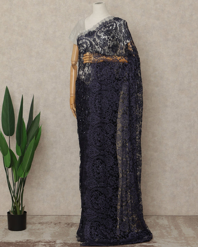 Navy Blue French Chantilly Lace Saree with bead work and seq