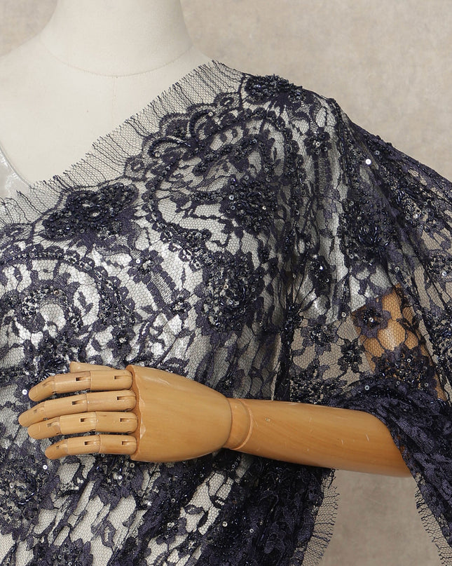 Navy Blue French Chantilly Lace Saree with bead work and seq