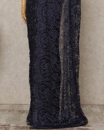 Navy Blue French Chantilly Lace Saree with bead work and seq
