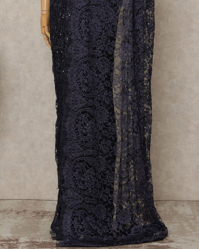 Navy Blue French Chantilly Lace Saree with bead work and seq