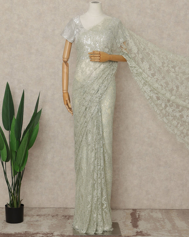Green French Chantilly Lace Saree with bead work and sequins