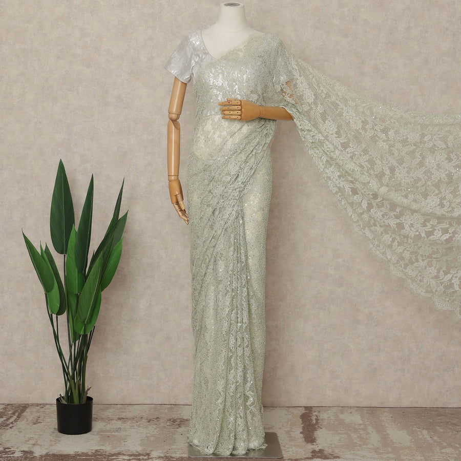 Green French Chantilly Lace Saree with bead work and sequins