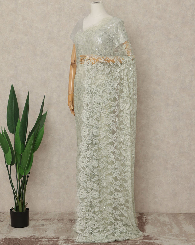 Green French Chantilly Lace Saree with bead work and sequins