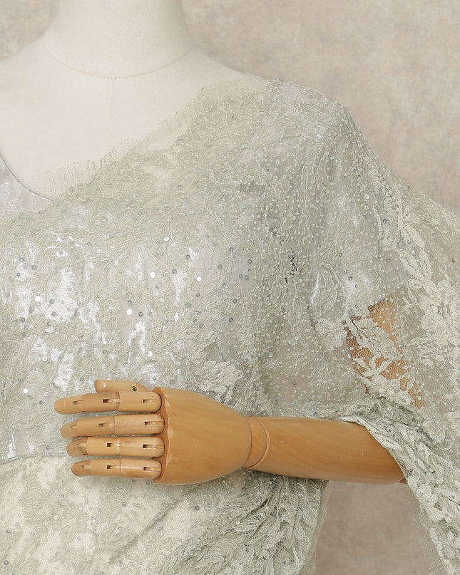 Green French Chantilly Lace Saree with bead work and sequins