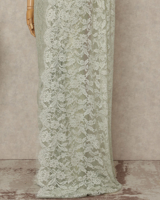 Green French Chantilly Lace Saree with bead work and sequins