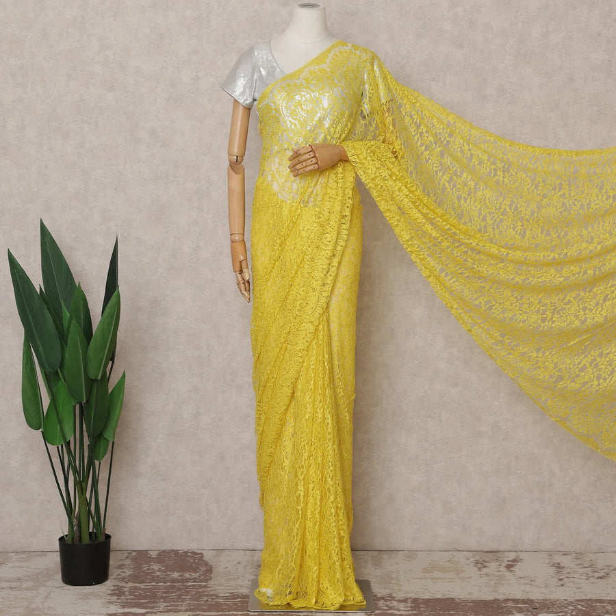 Lemon Yellow French Chantilly Lace Saree 5.5m