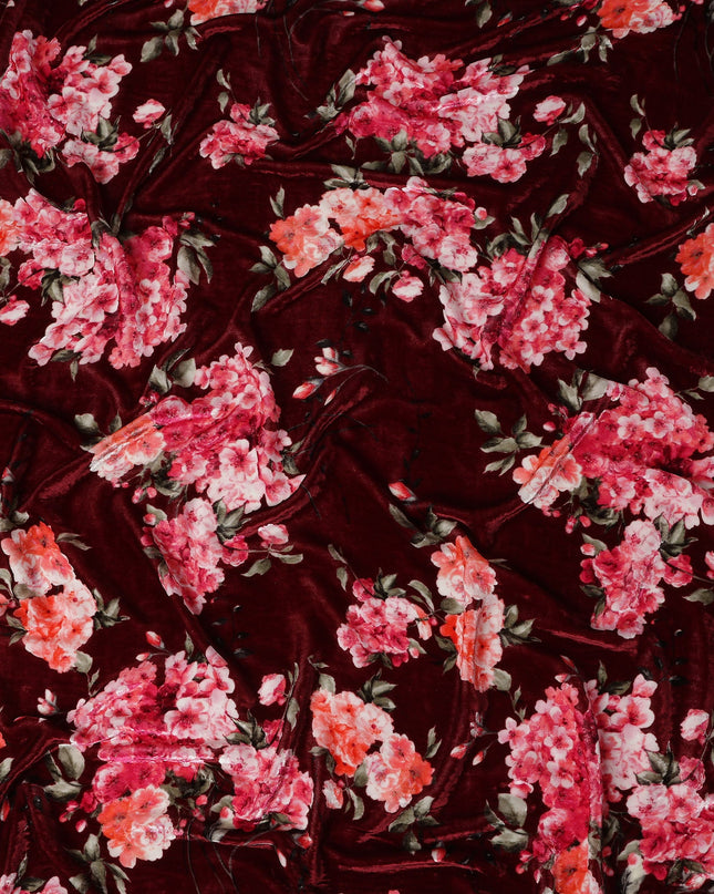 Wine Maroon Hydrangea Floral Synthetic Blended Velvet Fabric