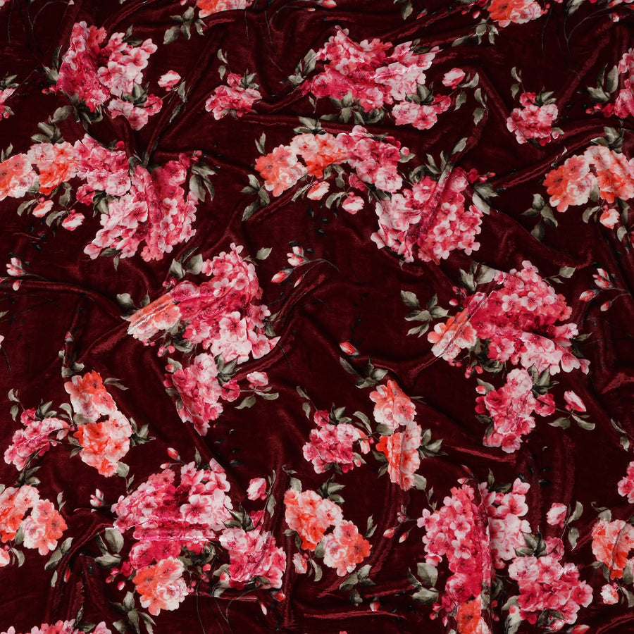 Wine Maroon Hydrangea Floral Synthetic Blended Velvet Fabric