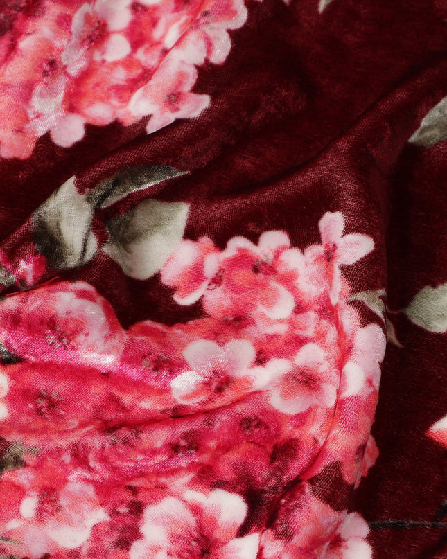 Wine Maroon Hydrangea Floral Synthetic Blended Velvet Fabric