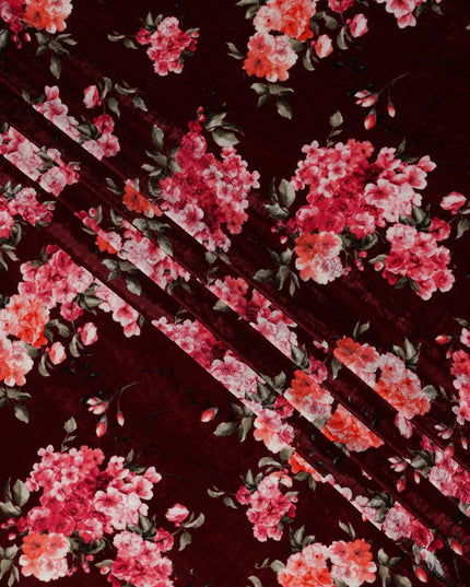 Wine Maroon Hydrangea Floral Synthetic Blended Velvet Fabric
