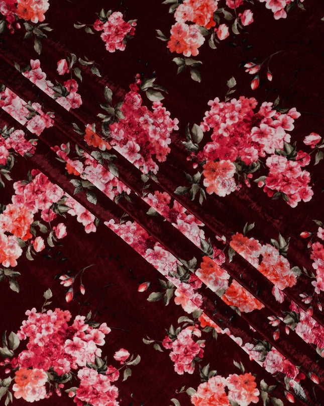 Wine Maroon Hydrangea Floral Synthetic Blended Velvet Fabric