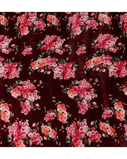 Wine Maroon Hydrangea Floral Synthetic Blended Velvet Fabric