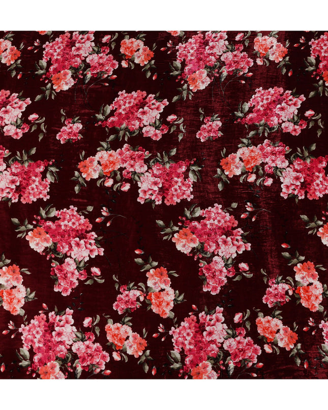 Wine Maroon Hydrangea Floral Synthetic Blended Velvet Fabric