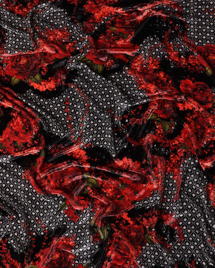 Ruby Red Trellis Floral Synthetic Blended Velvet Fabric