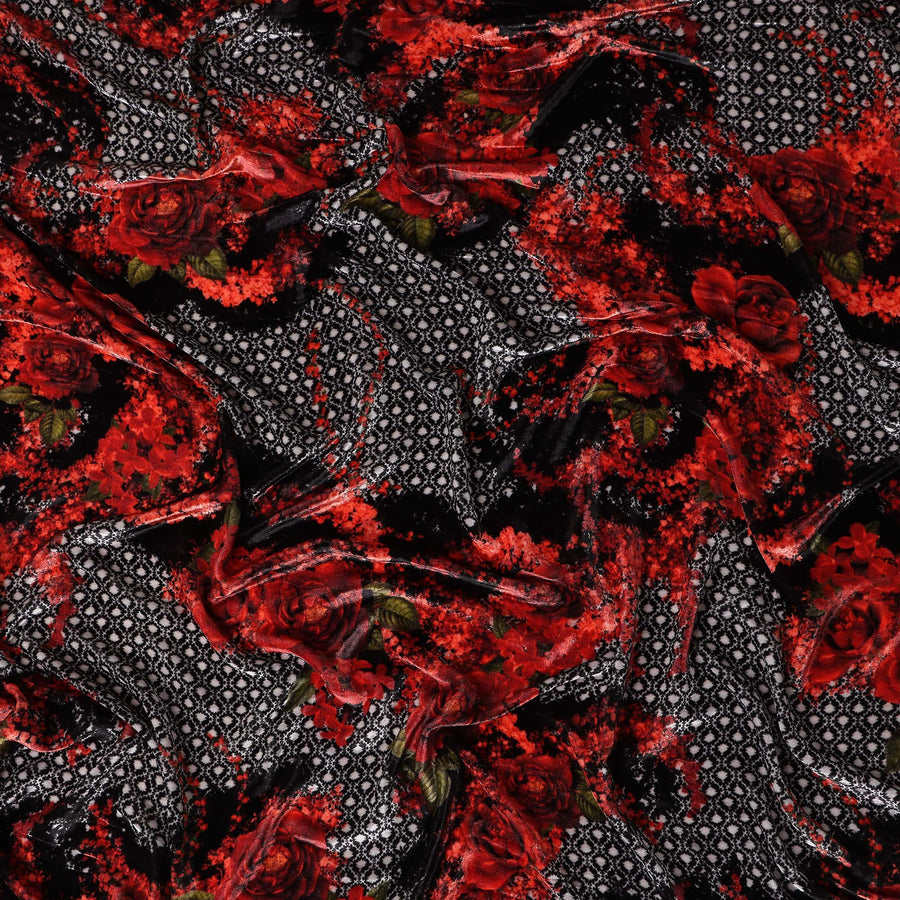 Ruby Red Trellis Floral Synthetic Blended Velvet Fabric