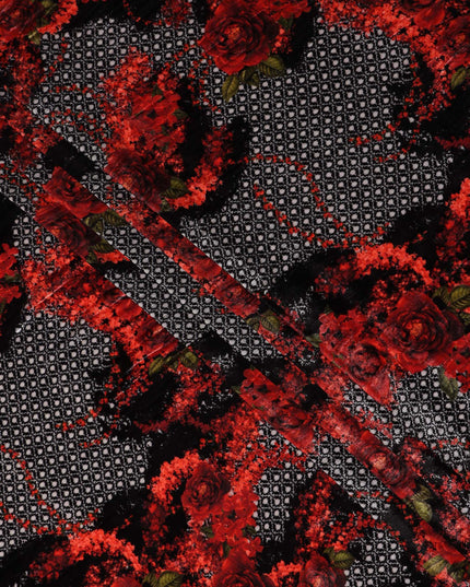 Ruby Red Trellis Floral Synthetic Blended Velvet Fabric