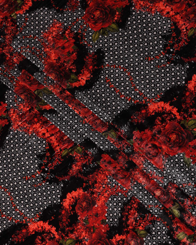 Ruby Red Trellis Floral Synthetic Blended Velvet Fabric