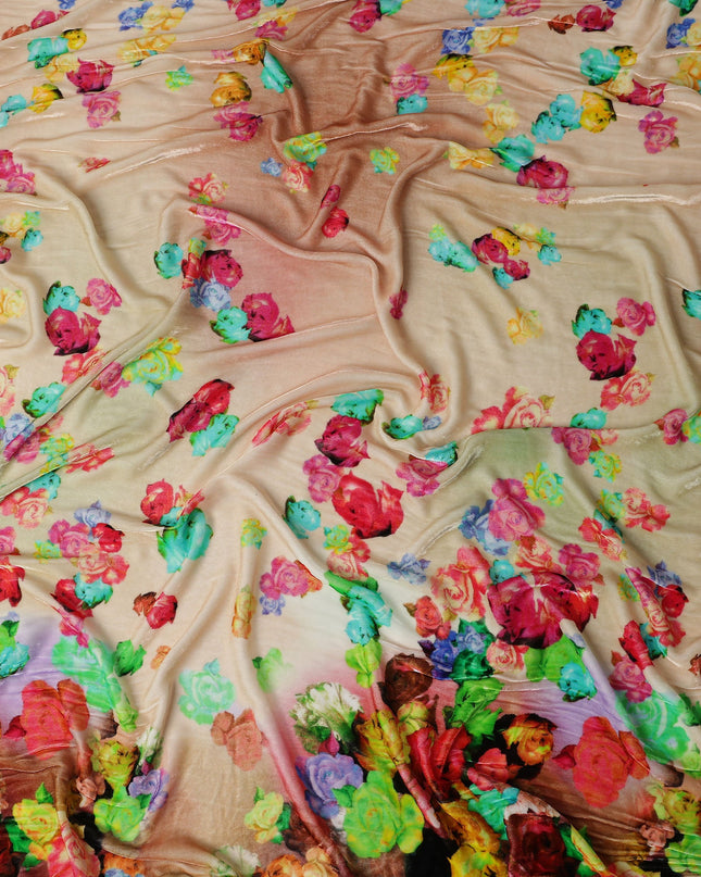 Sandstone Beige Ombre Floral Synthetic Blended Velvet Fabric