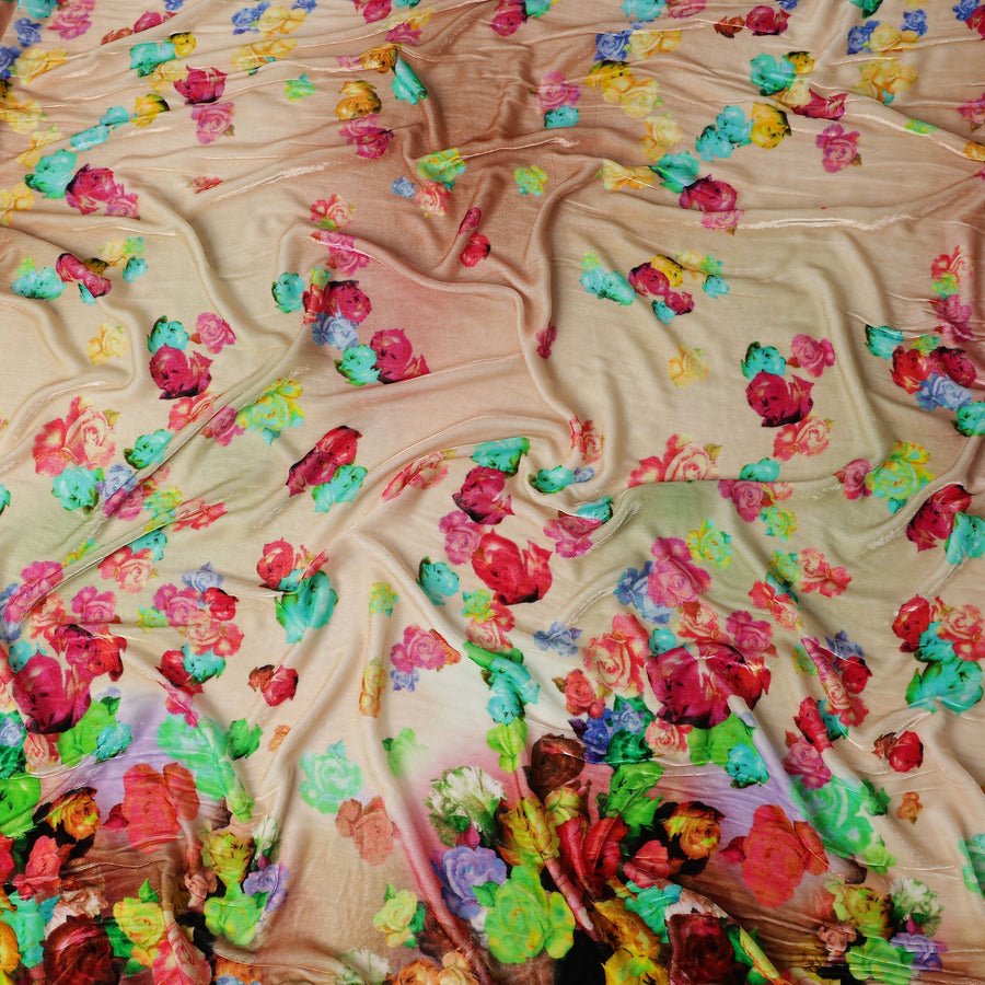 Sandstone Beige Ombre Floral Synthetic Blended Velvet Fabric