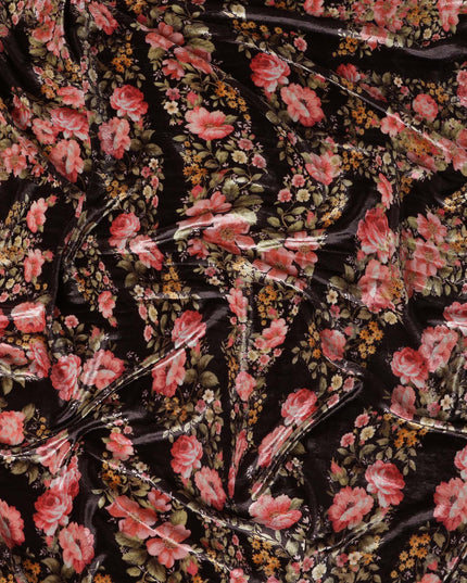 Charcoal Black Rose Floral Synthetic Blended Velvet Fabric