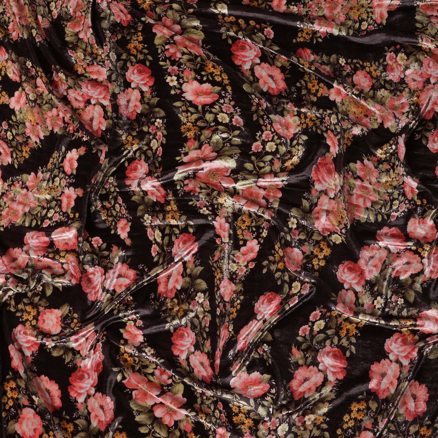 Charcoal Black Rose Floral Synthetic Blended Velvet Fabric