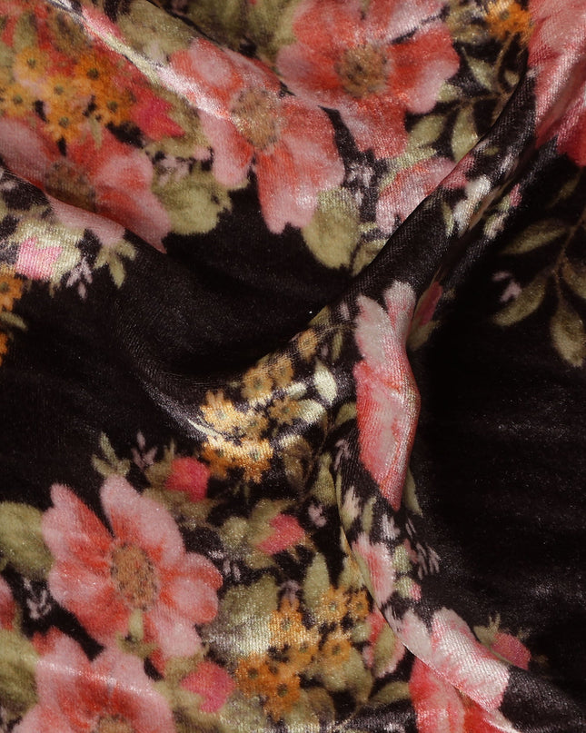 Charcoal Black Rose Floral Synthetic Blended Velvet Fabric