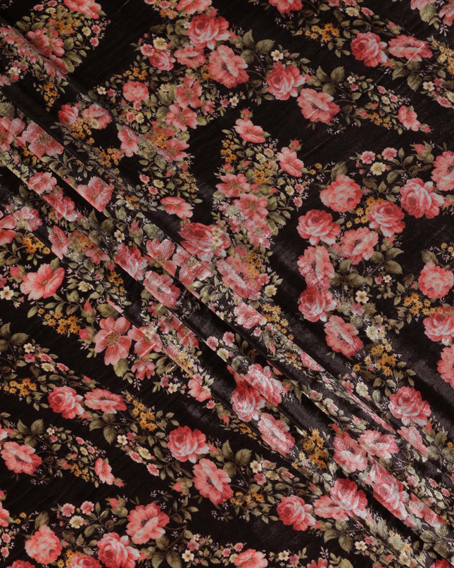 Charcoal Black Rose Floral Synthetic Blended Velvet Fabric