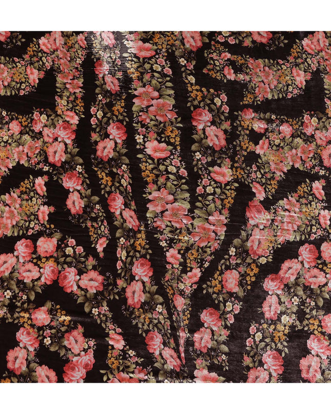 Charcoal Black Rose Floral Synthetic Blended Velvet Fabric