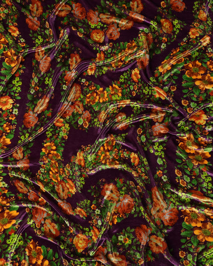 Plum Purple Floral Bouquet Synthetic Blended Velvet Fabric