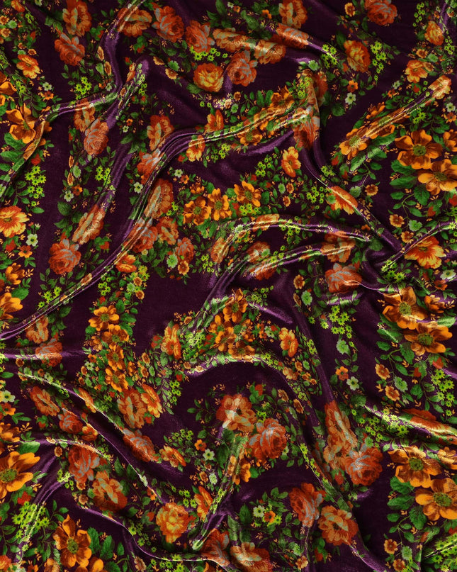 Plum Purple Floral Bouquet Synthetic Blended Velvet Fabric