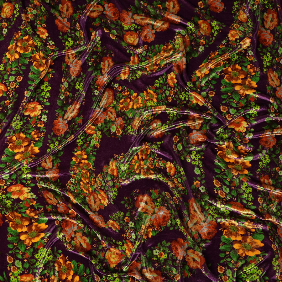 Plum Purple Floral Bouquet Synthetic Blended Velvet Fabric