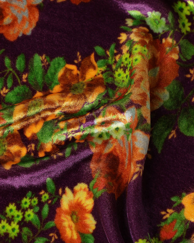 Plum Purple Floral Bouquet Synthetic Blended Velvet Fabric