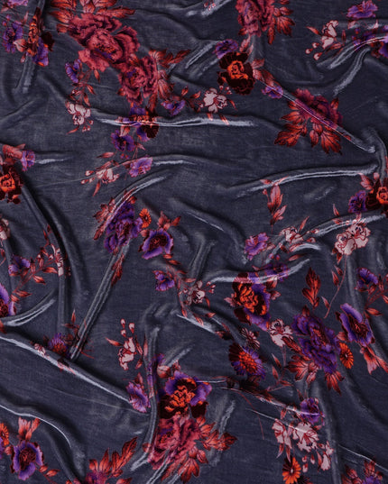 Slate Grey Floral Bouquet Synthetic Blended Velvet Fabric
