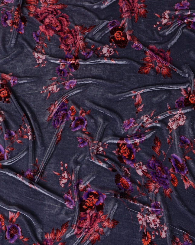 Slate Grey Floral Bouquet Synthetic Blended Velvet Fabric