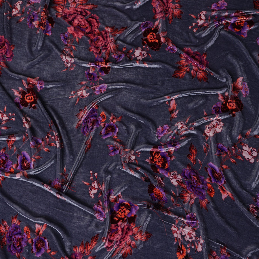 Slate Grey Floral Bouquet Synthetic Blended Velvet Fabric