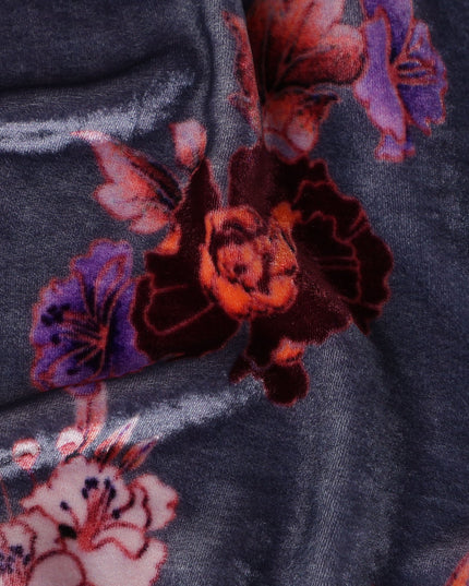 Slate Grey Floral Bouquet Synthetic Blended Velvet Fabric