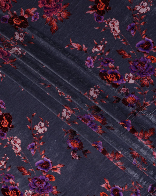 Slate Grey Floral Bouquet Synthetic Blended Velvet Fabric