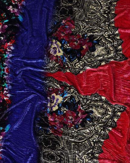 Navy Blue Paisley Border Synthetic Blended Velvet Fabric