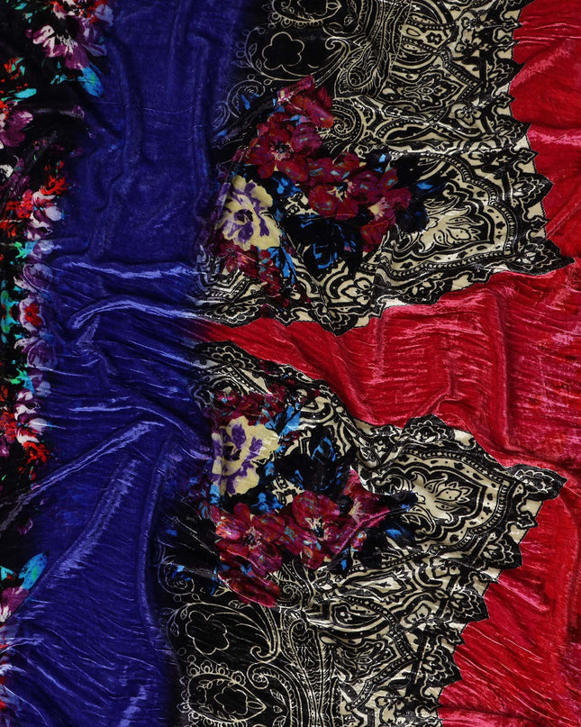 Navy Blue Paisley Border Synthetic Blended Velvet Fabric