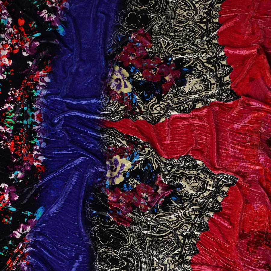Navy Blue Paisley Border Synthetic Blended Velvet Fabric