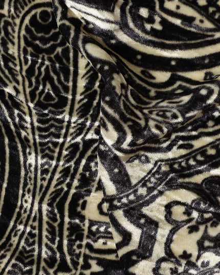 Navy Blue Paisley Border Synthetic Blended Velvet Fabric