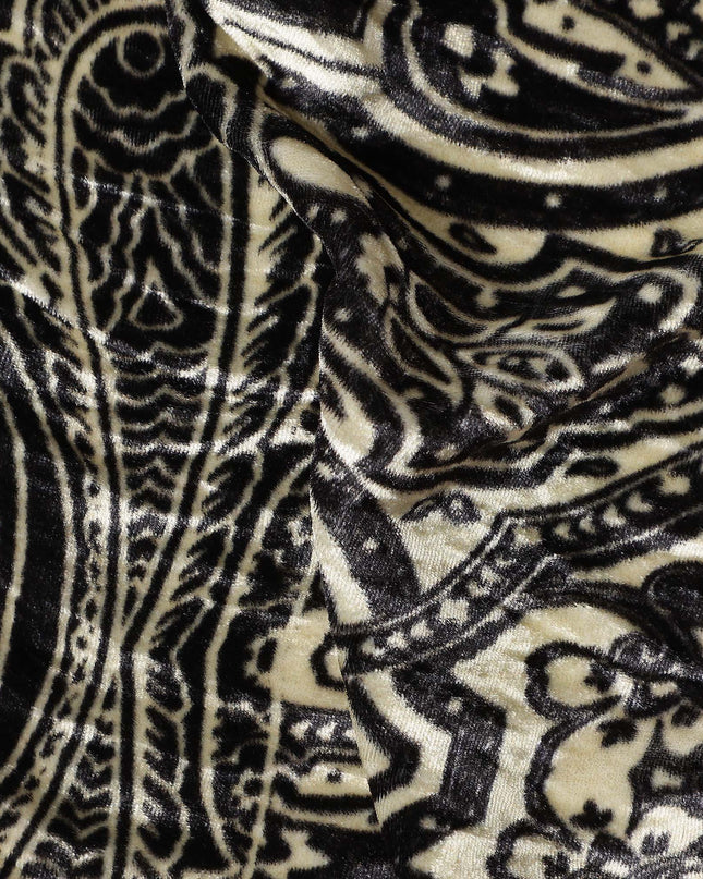 Navy Blue Paisley Border Synthetic Blended Velvet Fabric