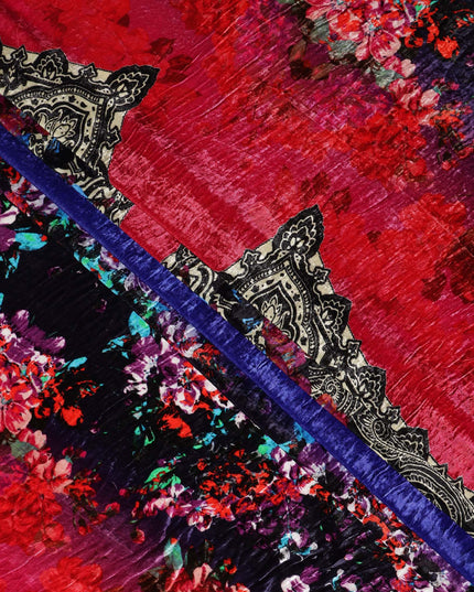 Navy Blue Paisley Border Synthetic Blended Velvet Fabric