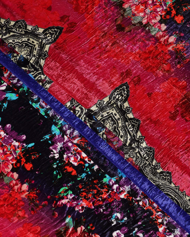 Navy Blue Paisley Border Synthetic Blended Velvet Fabric