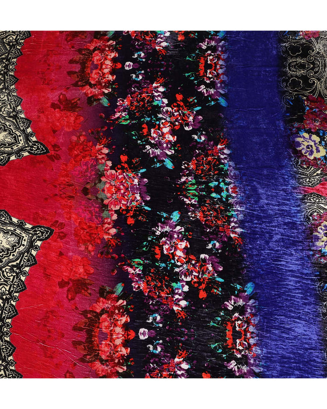 Navy Blue Paisley Border Synthetic Blended Velvet Fabric