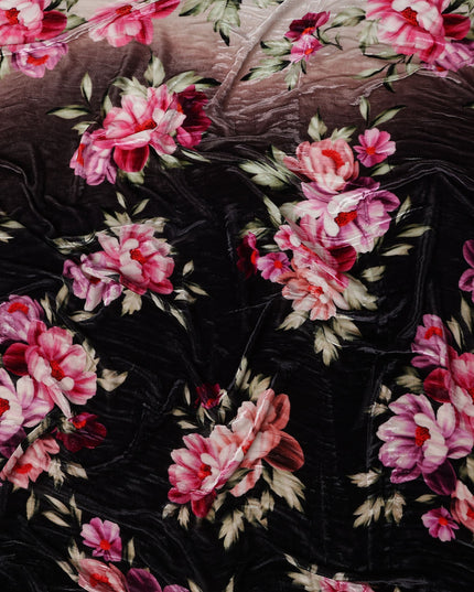 Jet Black Ombre Peony Floral Synthetic Blended Velvet Fabric