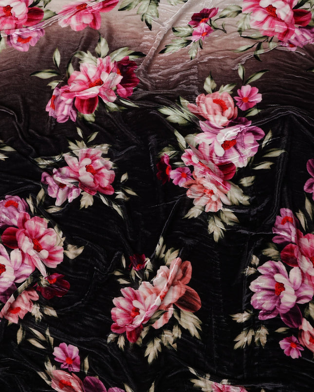 Jet Black Ombre Peony Floral Synthetic Blended Velvet Fabric