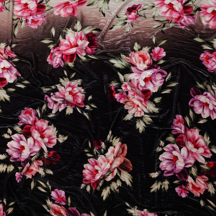 Jet Black Ombre Peony Floral Synthetic Blended Velvet Fabric