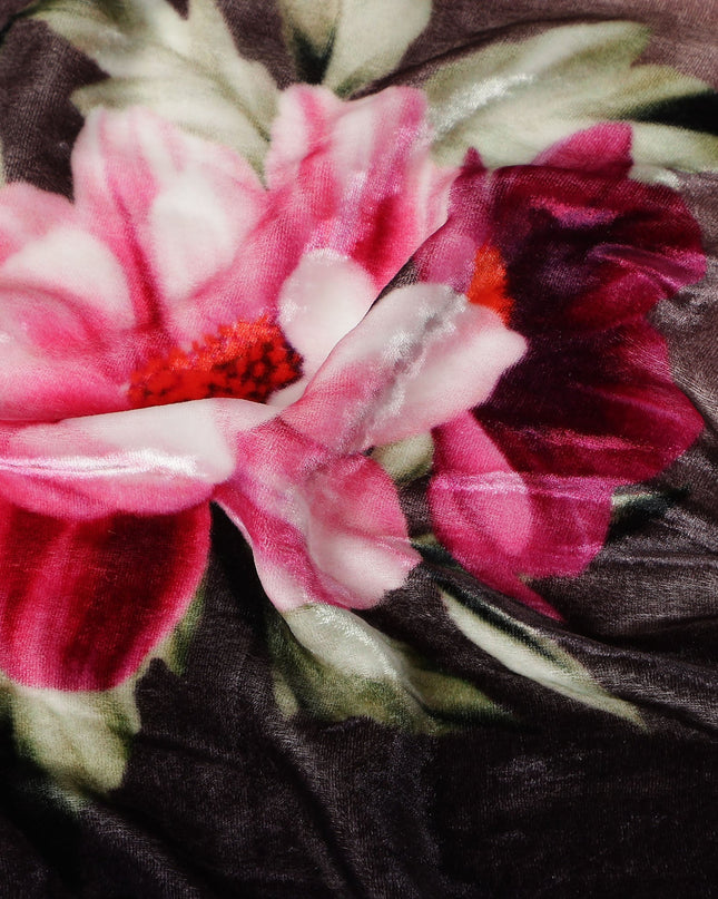 Jet Black Ombre Peony Floral Synthetic Blended Velvet Fabric